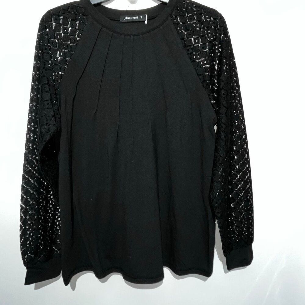 Automet Women's Black Crew Neck Lace Long Sleeve Pleated Blouse Size Medium‎ NWT